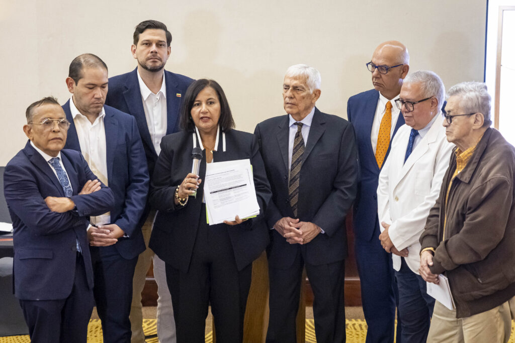 AN-2015 se reúne con representantes del sector salud en Caracas y aboga por el libre ejercicio de la medicina — AME6726. CARACAS (VENEZUELA), 16/10/2026.- La jefa de la delegación opositora, Dinorah Figuera (d), habla en una reunión con representantes del sector salud para presentar propuestas y demandas ante la Asamblea Nacional 2015 y la delegación opositora de la mesa de diálogo, este viernes en Caracas (Venezuela). EFE/ Miguel Gutiérrez